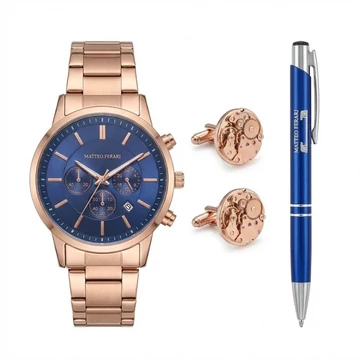 Matteo Ferari "Royal Blue" Férfi Ajándékszett – Rose Gold Óra, Mandzsettagomb és Toll (Fekete Díszdobozban) MF01RB
