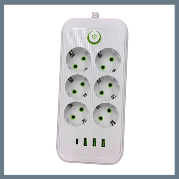 6 aljzatos hosszabbító, 3 USB + 1 Type-C porttal, 1.2m kábel, fehér F018U