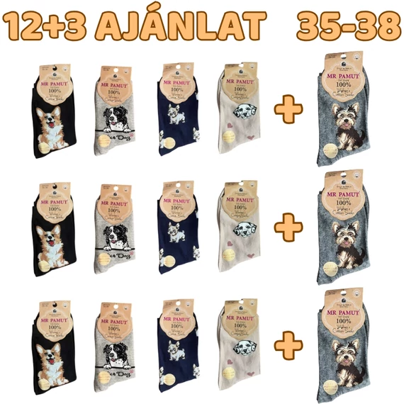12+3 Női kutyás zokni 35-38 WP2226-2