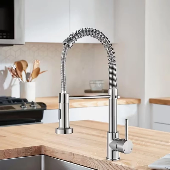 Modern, konyhai csaptelep kihúzható zuhanyfejjel ezüst nikkel LD123413