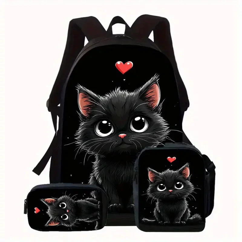 Black Cat 3 részes táska szett – Uniszex hátizsák, tolltartó és ebédtáska szett QJ2307434